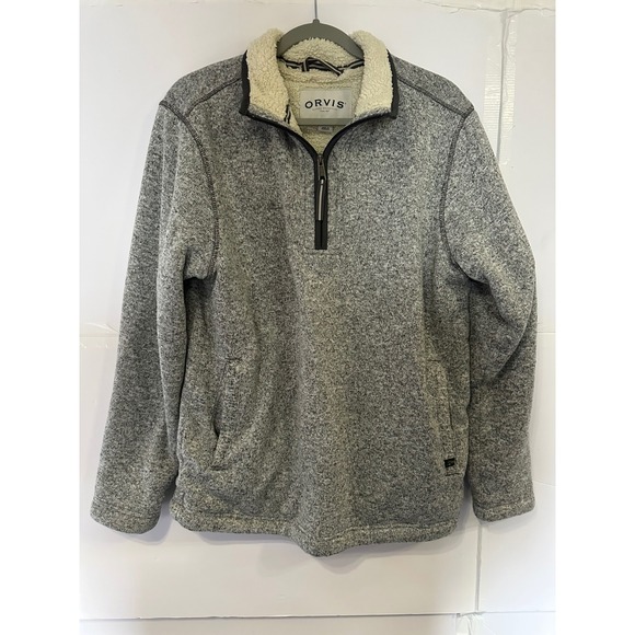 Orvis Mens Gray Fleece Quarter Zip Pullover Sherpa Lined Casual Sweater - Picture 1 of 6